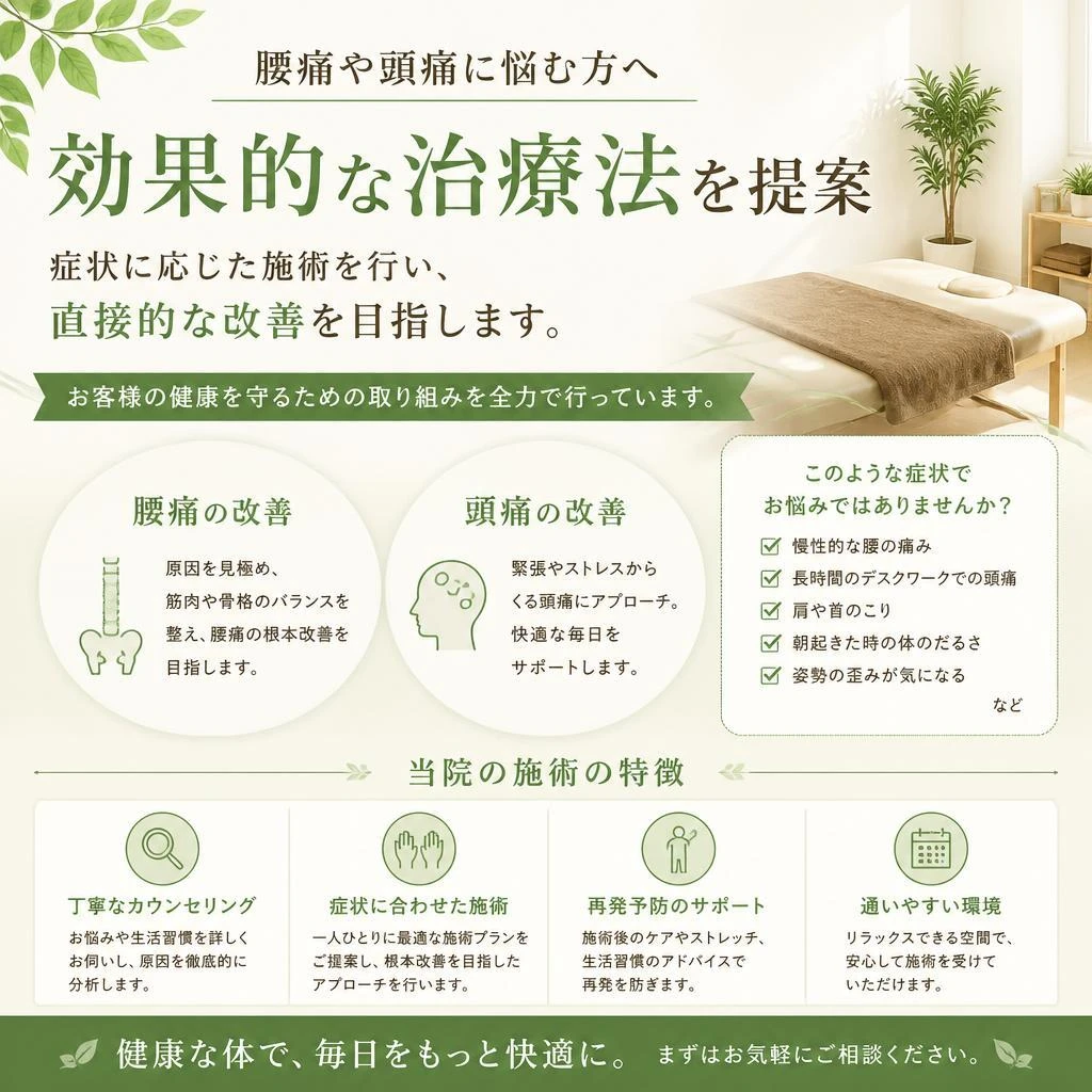 腰痛治療・頭痛緩和に特化した施術