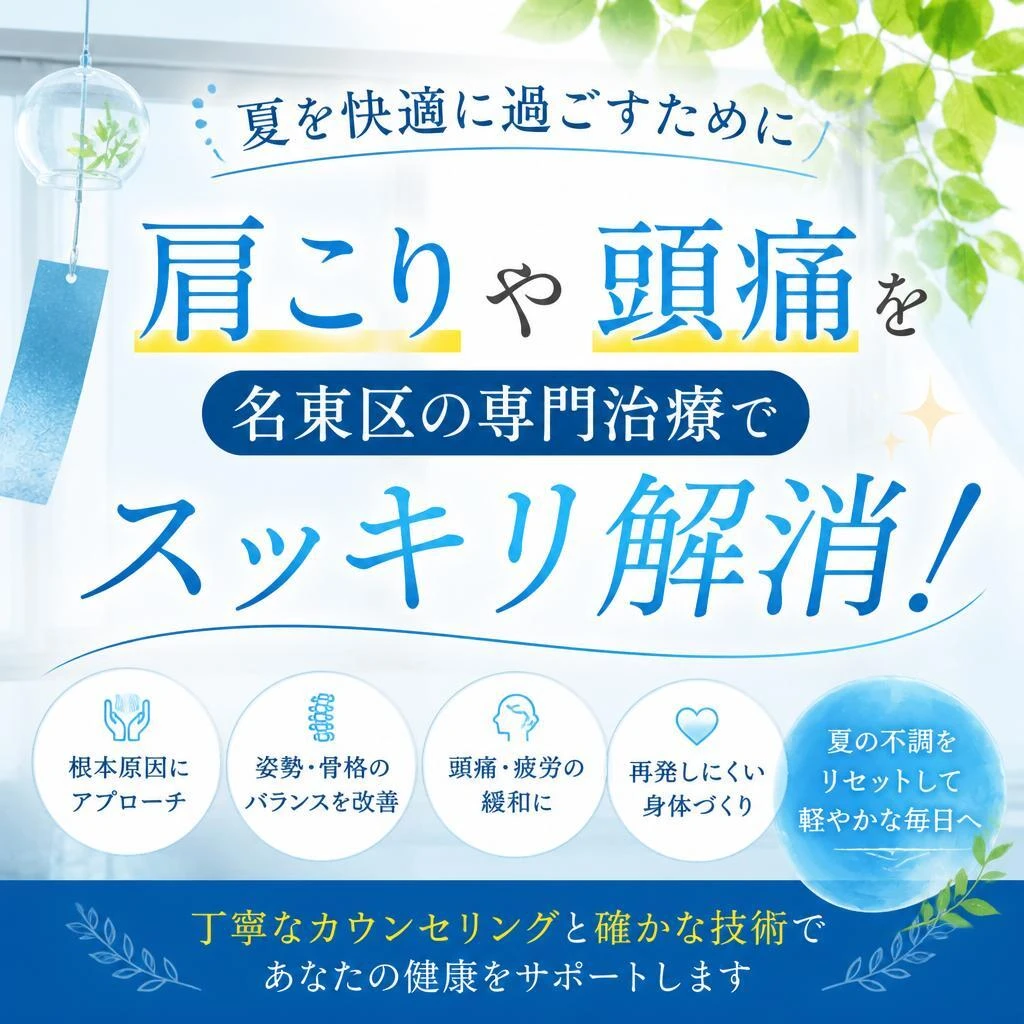 夏を快適に過ごすために、肩こりや頭痛を名東区の専門治療でスッキリ解消！