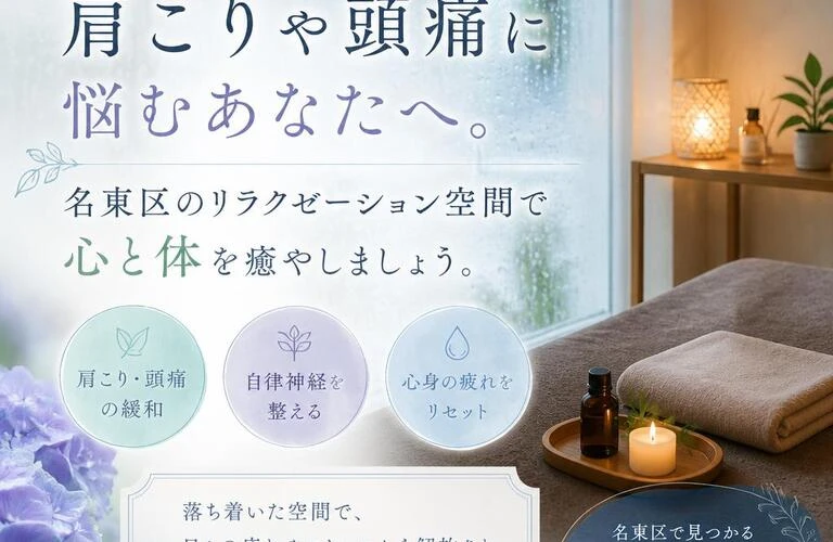 梅雨の時期、肩こりや頭痛に悩むあなたへ。名東区のリラクゼーション空間で心と体を癒やしましょう。