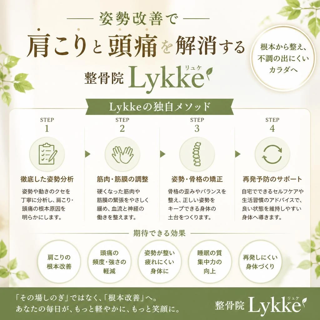 姿勢改善で肩こりと頭痛を解消する整骨院Lykkeの独自メソッド