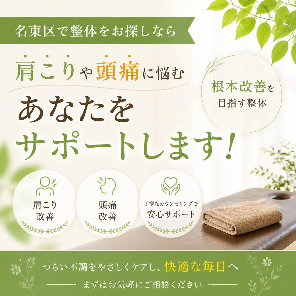 名東区で整体をお探しなら、肩こりや頭痛に悩むあなたをサポートします！